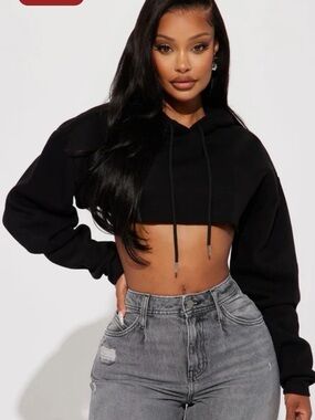 Fashion Nova Black Cropped Hoodie with Drawstring